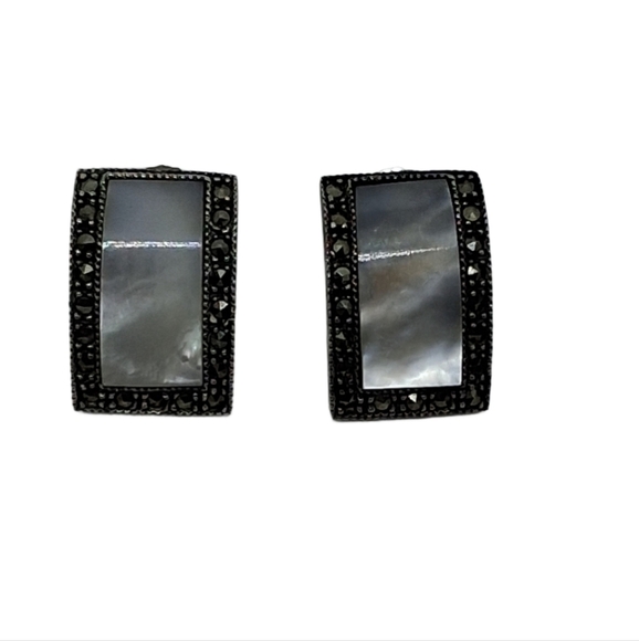 Vintage Sterling Silver Marcasite Mother of Pearl Earrings - Picture 3 of 5